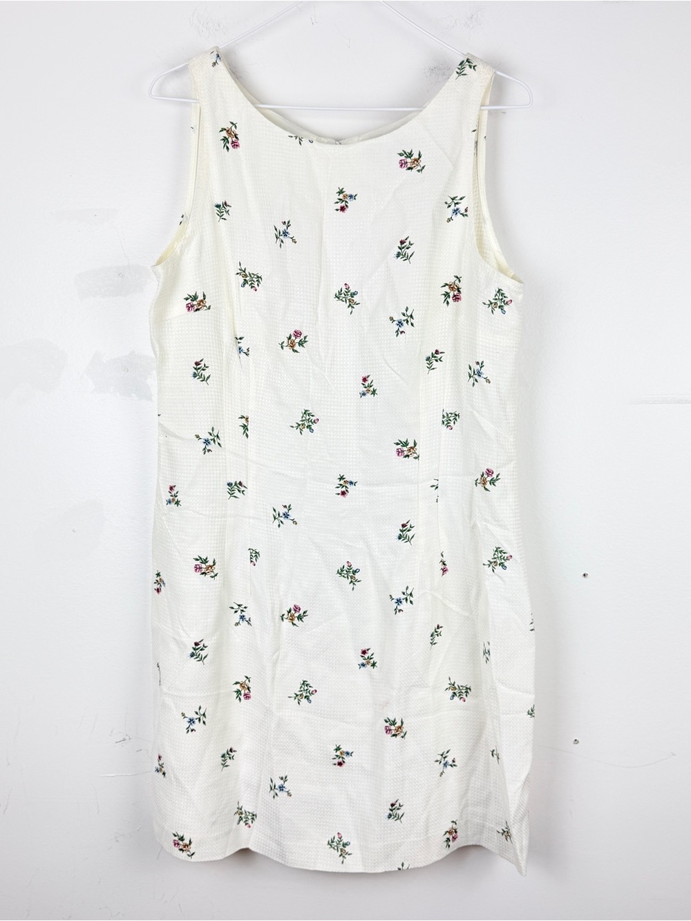 Vintage D Joy Fashions White Floral Embroidered Shift Dress 13/14 Cottagecore